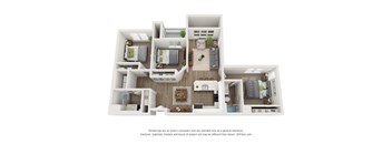 A 3D floor plan of a house with multiple rooms and furniture.