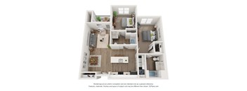 A 3D floor plan of a house with a kitchen, living room, and bedrooms.