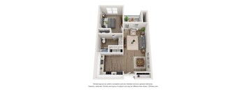 A 3D floor plan of a small apartment with a kitchen, living room, and bedroom.