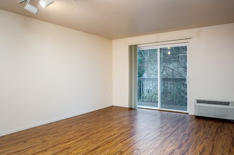 A room with wooden floors and a sliding glass door.
