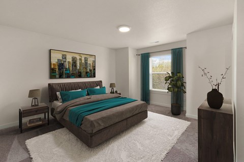 A bedroom with a large bed and a painting on the wall.