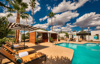 a swimming pool at a resort with palm trees