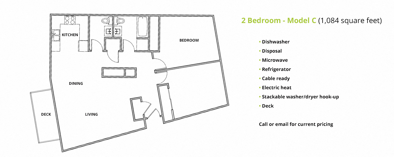 the floor plan of 2 bedroom model c 1100 sq ft