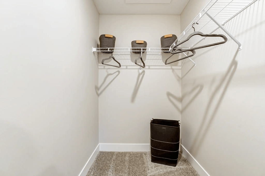 A white closet with three hangers and a black bin on the floor.