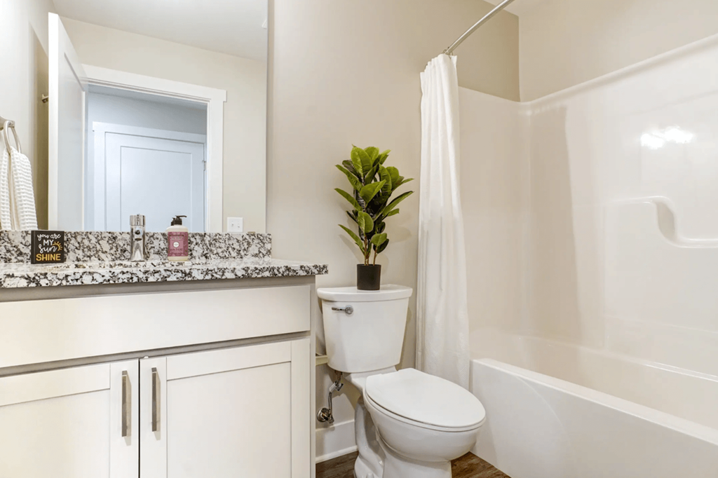 A white toilet sits in a bathroom next to a bathtub.