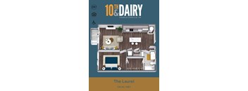 A 3D floor plan of a 10th Dairy apartment in Charlottesville, VA.