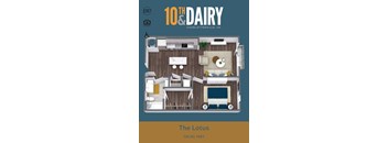 A floor plan of a 10th Dairy Charlottesville, VA apartment named The Lotus, which is 735 square feet.