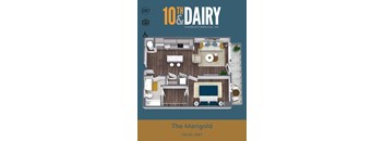 A 3D floor plan of a 10th Dairy apartment in Charlottesville, VA, showing a living room, kitchen, and bedroom.