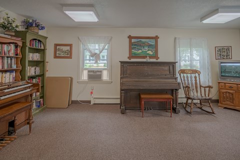 a living room with a piano and a bookshelf filled with books