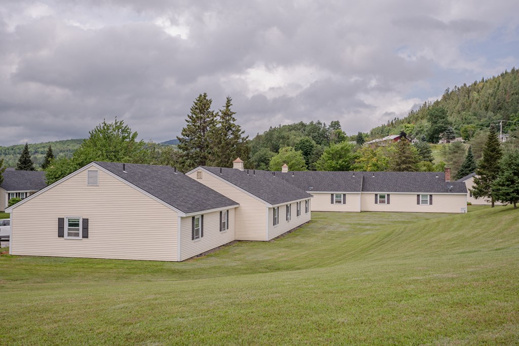 a group of houses in a field with trees in the background