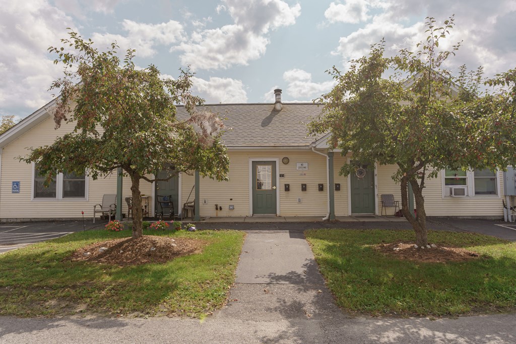 a white house with two trees in front of it