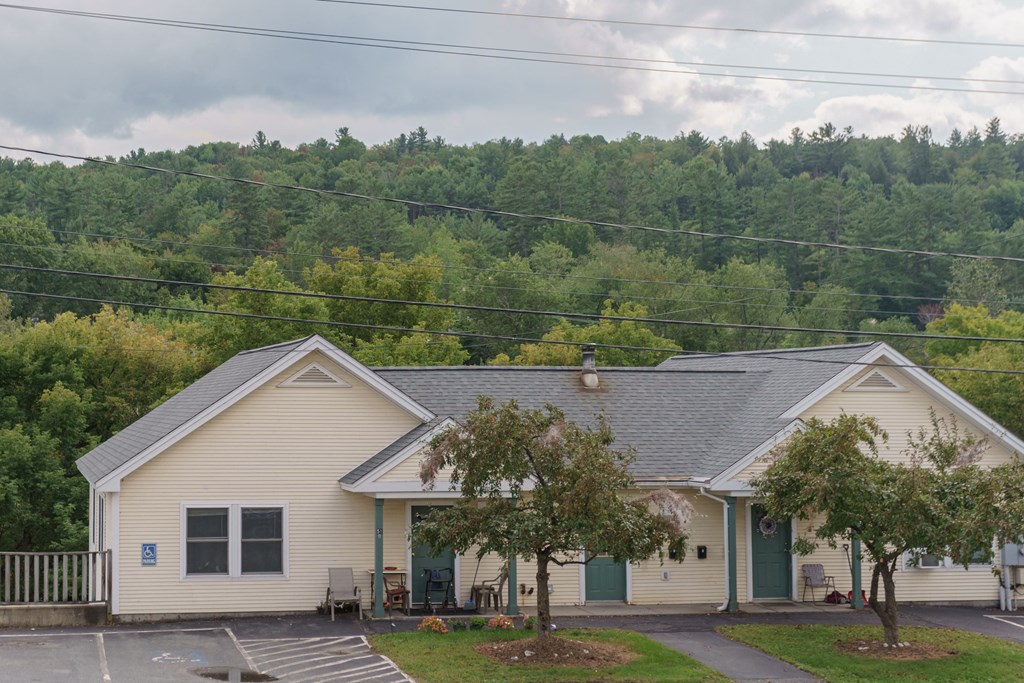 a white house with a mountain in the background
