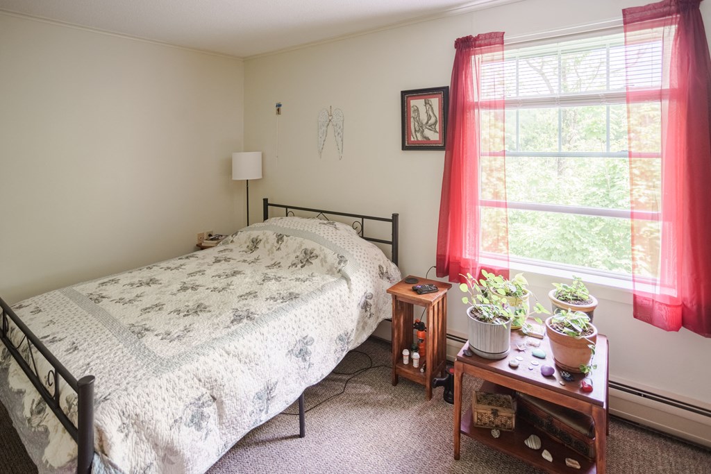 a bedroom with a bed and a table with plants