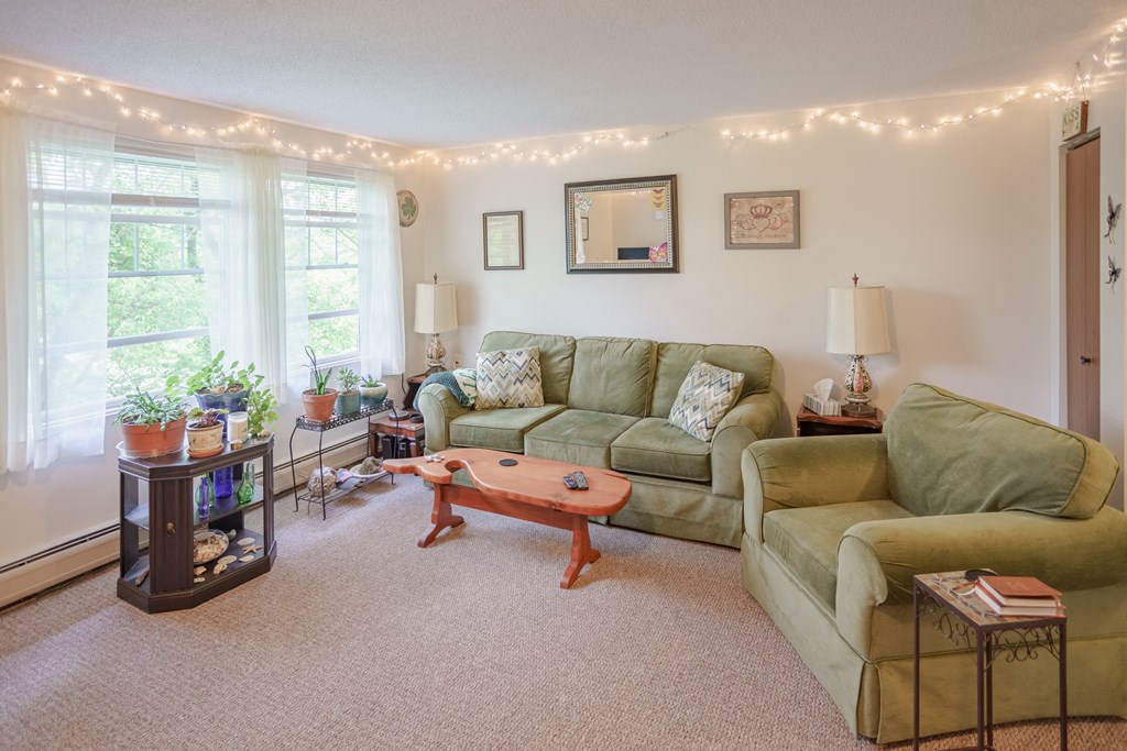 a living room with two couches and a coffee table