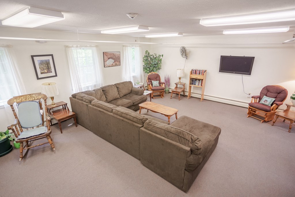 a living room with a couch and chairs and a television