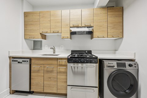 A modern kitchen with a stove top oven, dishwasher, and washing machine.