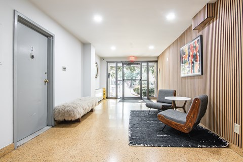 A modern living room with a grey chair and a black rug.