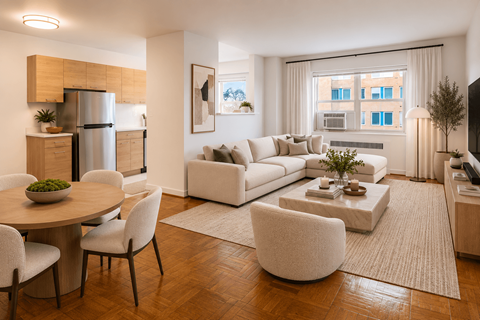 A modern living room with a wooden floor and white furniture.