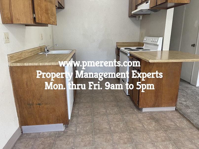 A kitchen with a website address for property management experts displayed on the counter.