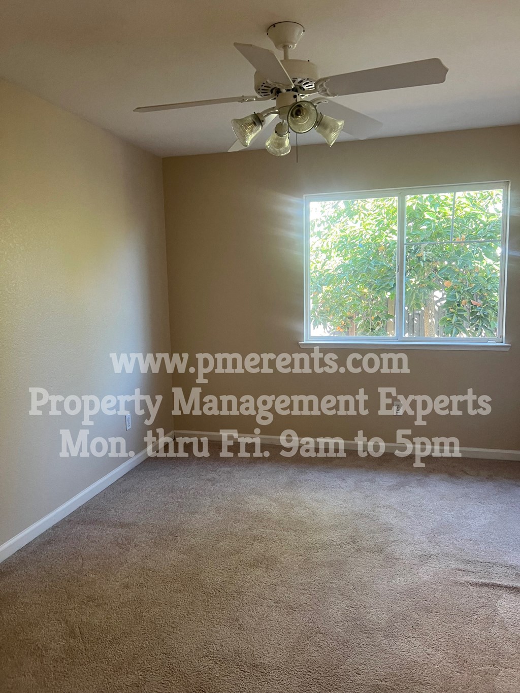 an empty living room with a ceiling fan and a window