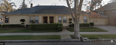 A house with a brown door and a tree in front.
