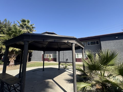 A gazebo is surrounded by palm trees and a building.