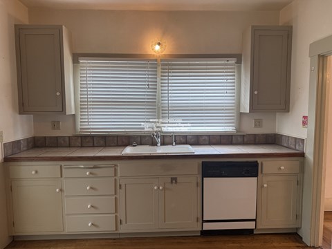 A kitchen with a dishwasher and a window with blinds.