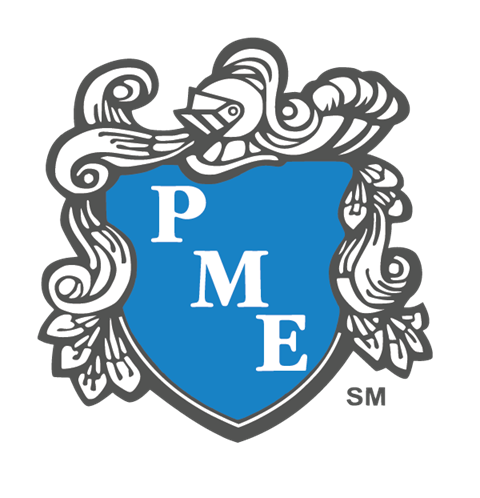 A decorative emblem with the letters P, M, and E on a blue shield.