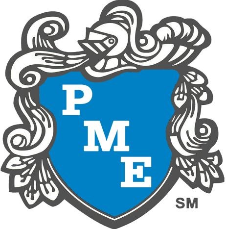 A blue shield with a letter "P" on it and a letter "E" on the other side, surrounded by a decorative border.