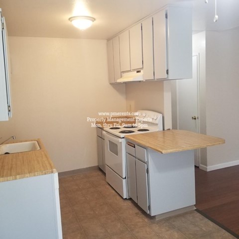 A kitchen with white cabinets and a wooden countertop.