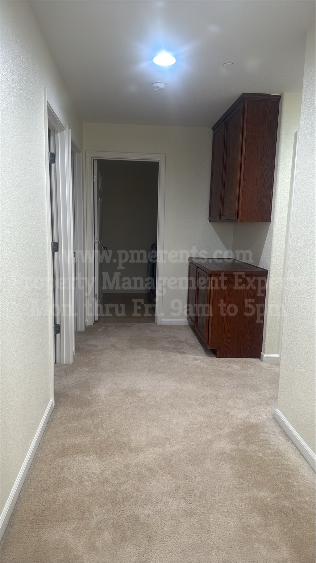 A long hallway with a light on the ceiling and a door at the end.