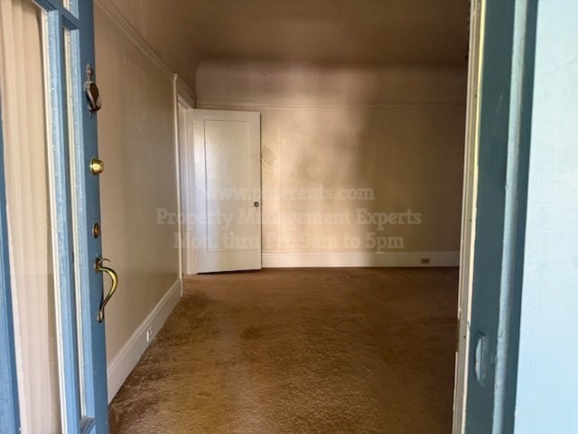 A room with a carpeted floor and a closed door.