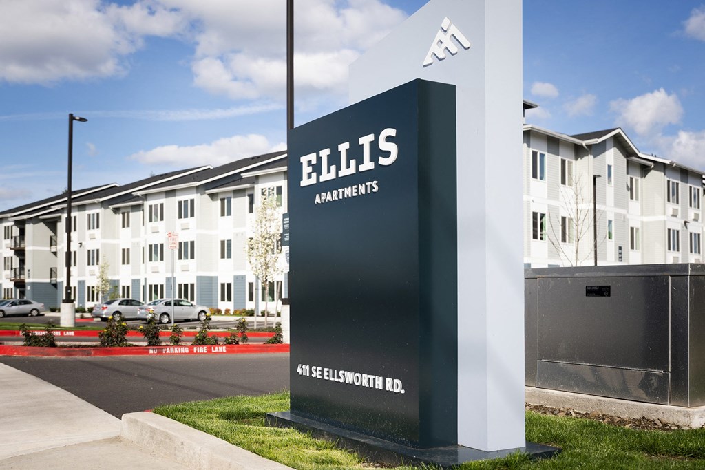 a building with a sign in front of it