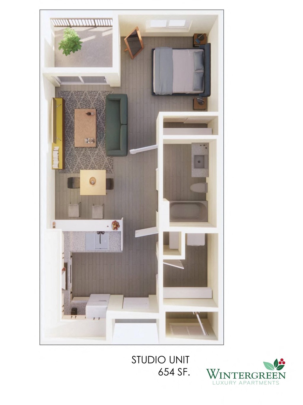 A floor plan of a studio apartment with a kitchen, living room, and bedroom.