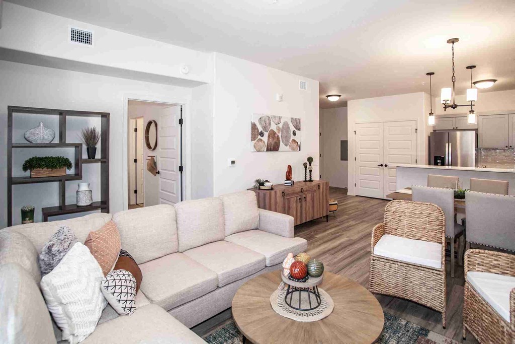 Living room with a dining table.