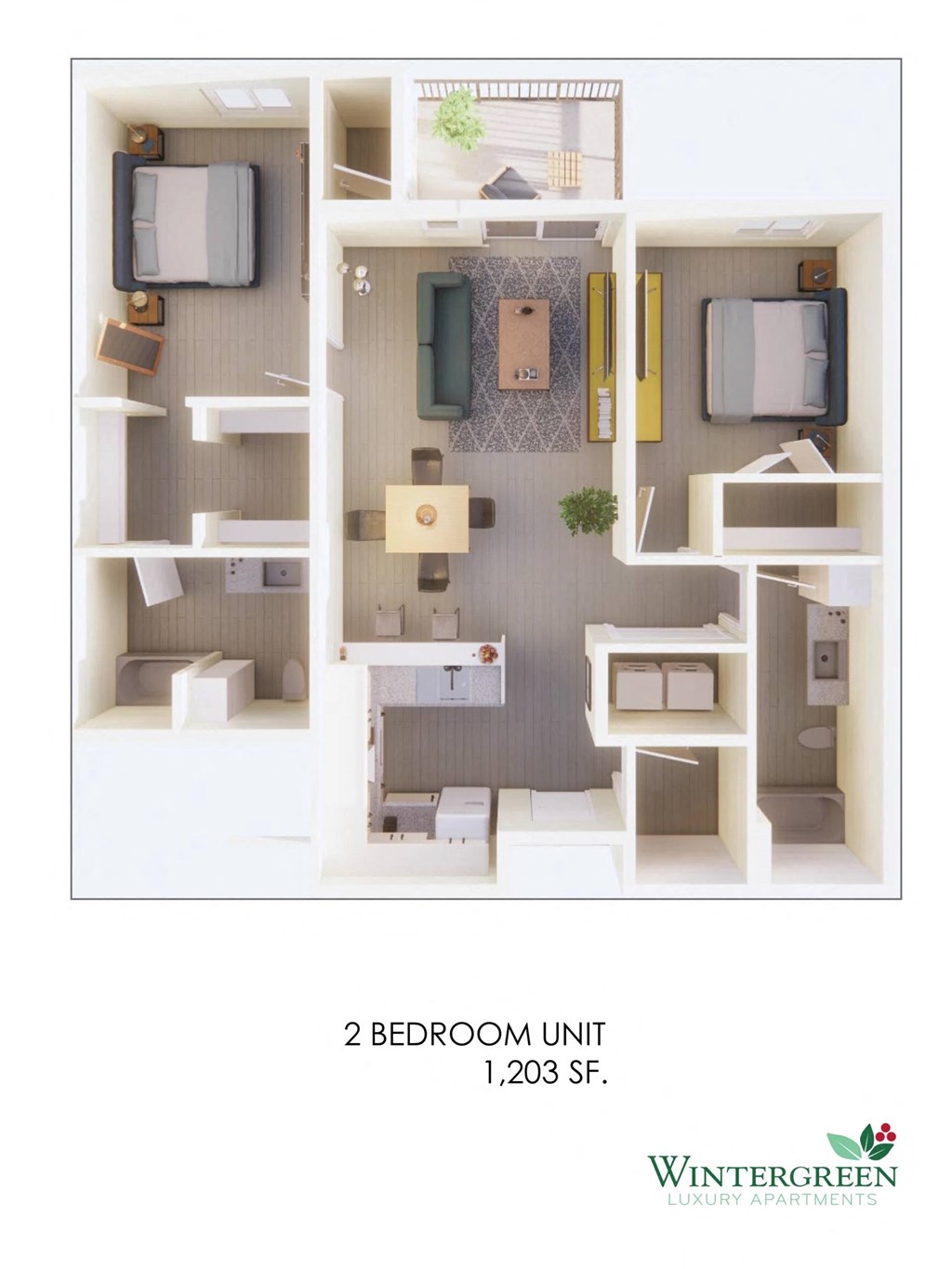 2 bedroom unit  is 1,203 square feet.