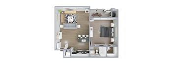 A 3D floor plan of a two-bedroom apartment with a living room, kitchen, and bathroom.