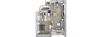 A 3D floor plan of a house with a kitchen, living room, and bedrooms.