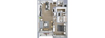 A 3D floor plan of a small apartment with a kitchen, living room, and bedroom.