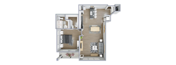 A detailed 3D floor plan of a two-bedroom apartment.