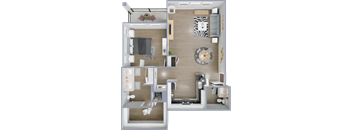 A 3D floor plan of a house with a living room, kitchen, and two bedrooms.