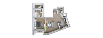 A 3D floor plan of a house with a kitchen, living room, and two bedrooms.