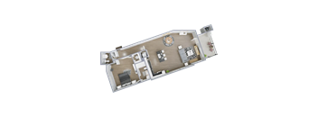 A 3D floor plan of a house with a living room, kitchen, and dining area.