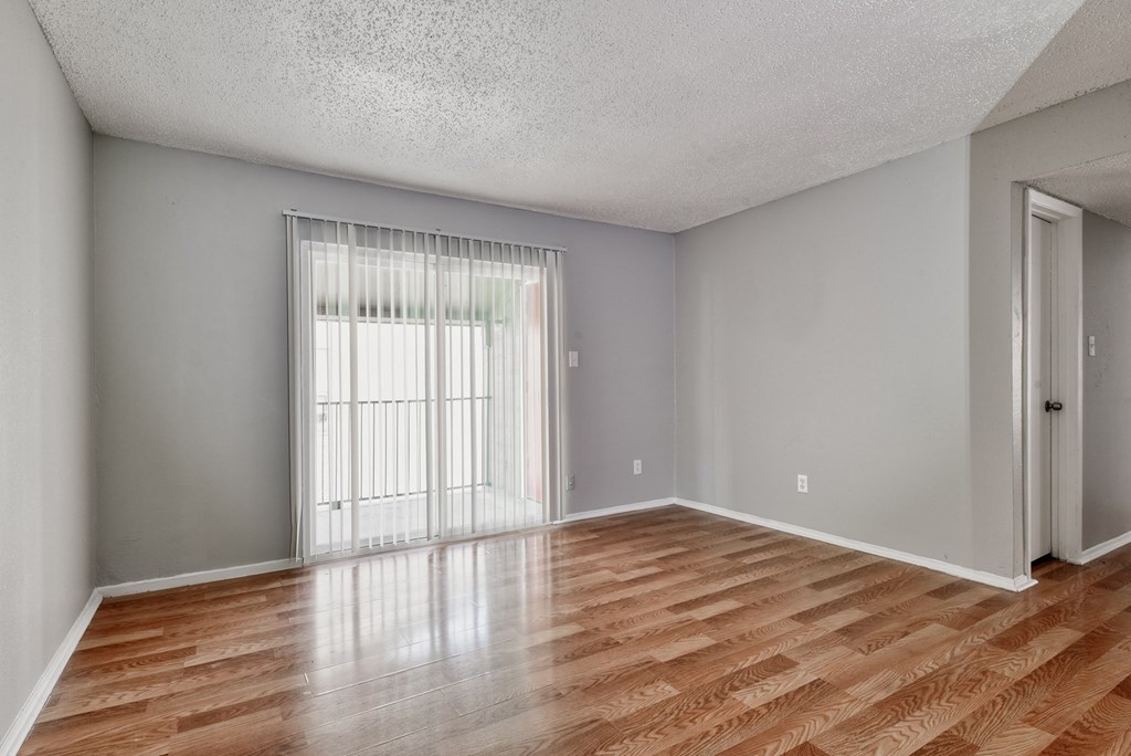 the spacious living room with sliding glass doors and wood flooring at Eagle View Apartments, Texas, 78064