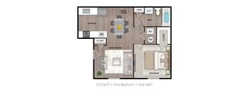 A floor plan of a one bedroom apartment with a living room, dining room, kitchen, bathroom, and closet at Ranch at 1856 Apartments, San Marcos