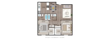 A floor plan of a 870 square foot two bedroom apartment with two bathrooms at Ranch at 1856 Apartments, San Marcos, Texas