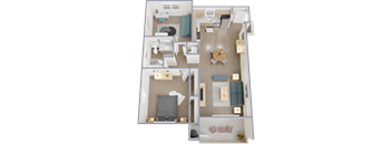 A 3D floor plan of a house showing a kitchen, living room, and two bedrooms.
