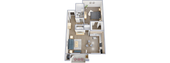 A 3D floor plan of a small apartment with a kitchen, living room, and bedroom.