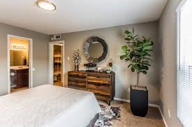 a bedroom with a bed and a plant and a mirror at Cedar Run Apartments, Memphis, 38115