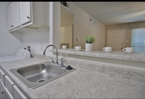 A kitchen with a sink and a counter.